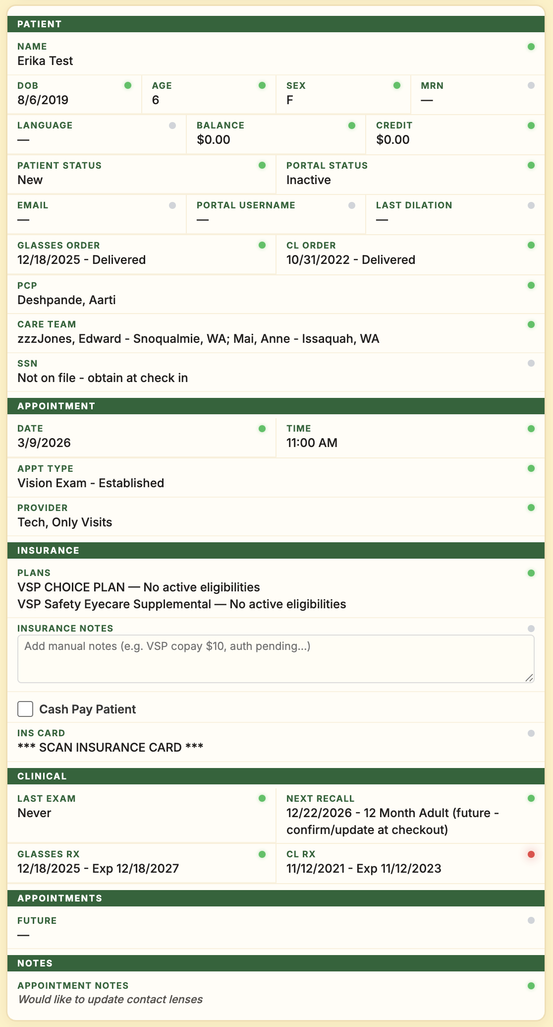Review panel showing extracted patient demographics, appointment, insurance, and clinical details