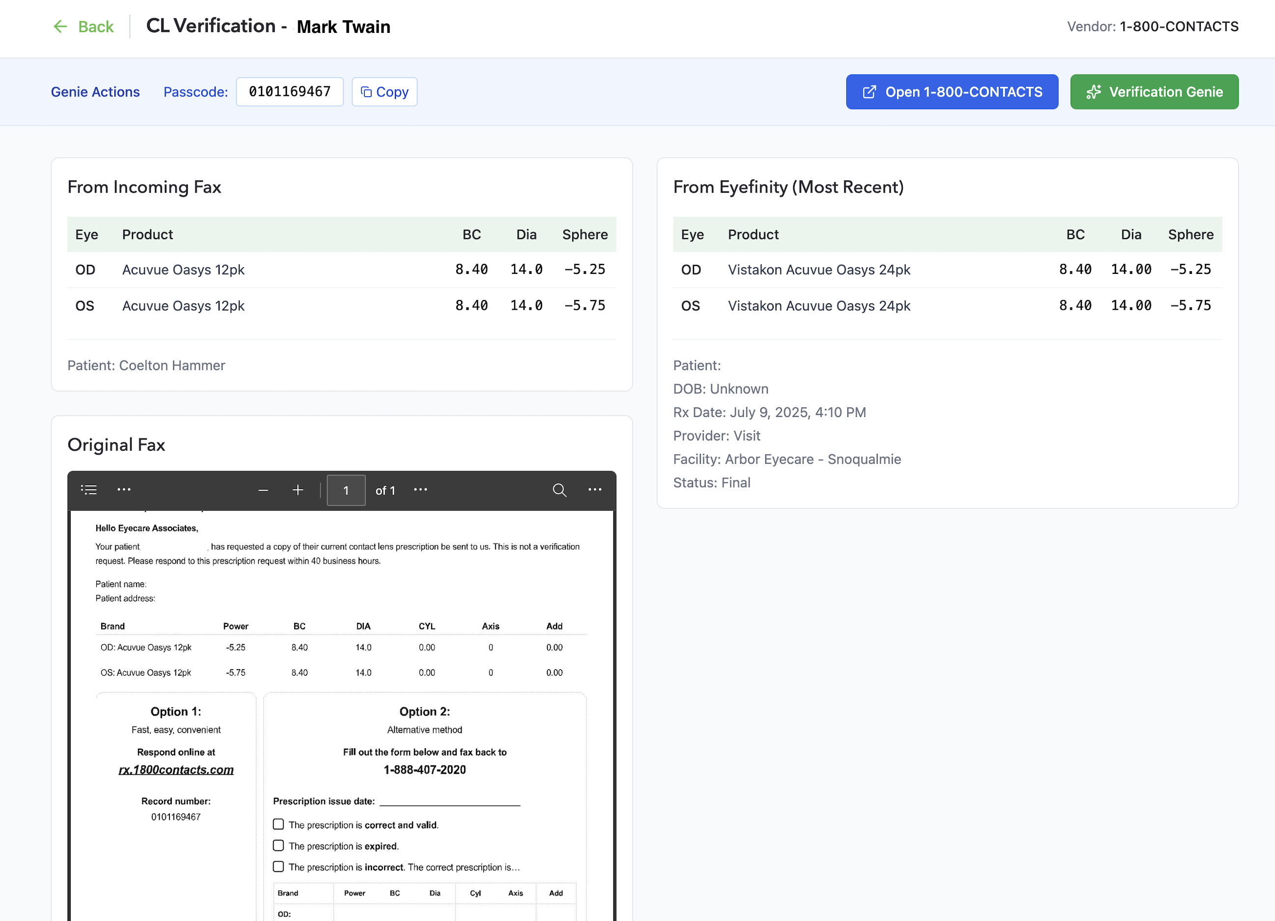 Fax Genie CL Verification — incoming fax data compared side-by-side with Eyefinity EHR records