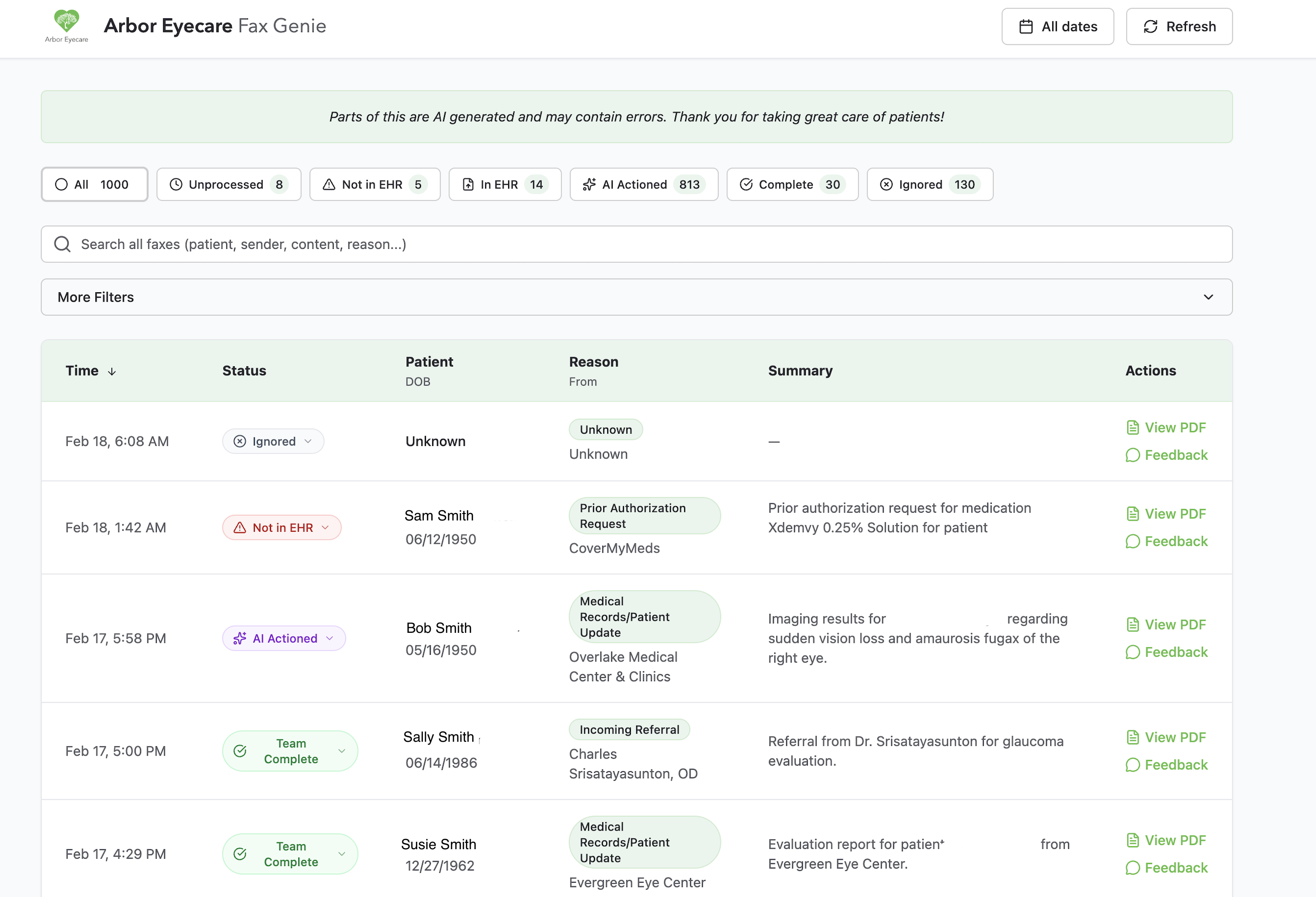 Fax Genie dashboard showing incoming faxes automatically classified, summarized, and routed