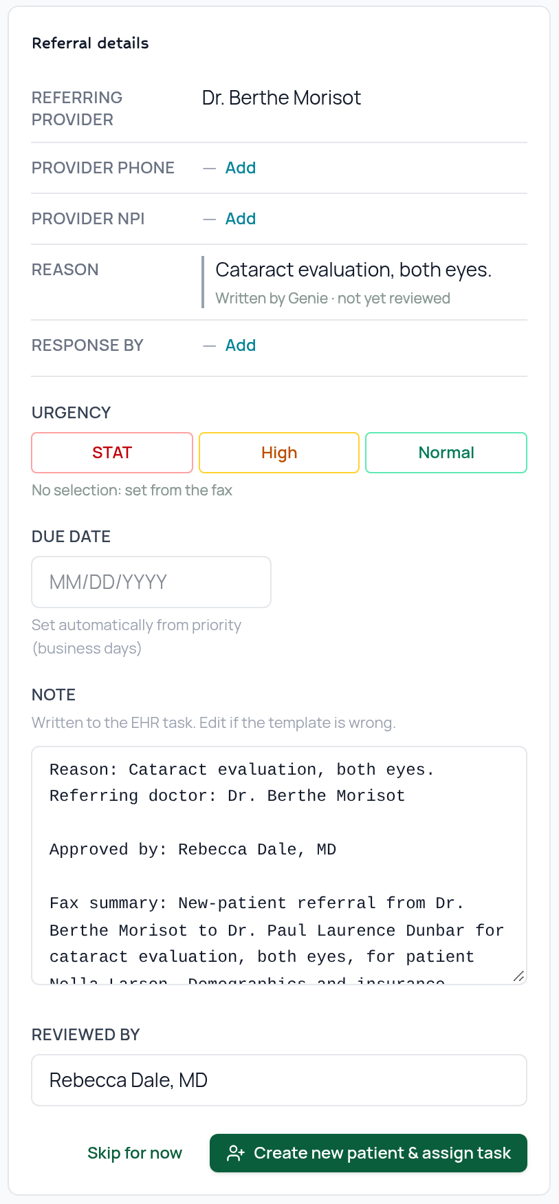 Fax Genie referral details ready to create a new patient and assign a task in the EHR.
