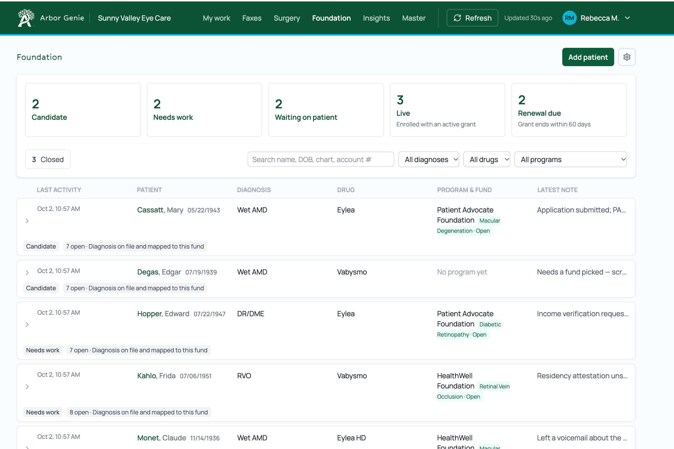 Foundation Genie board: patients by stage, with diagnosis, drug, fund, and latest note.