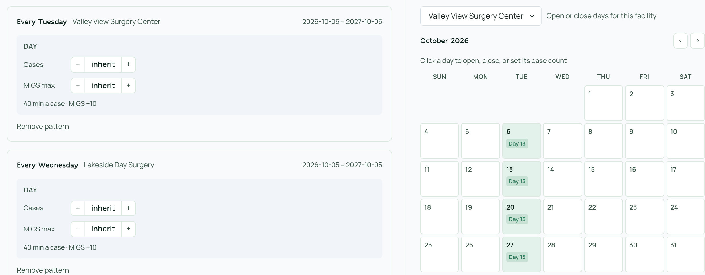 Surgery Genie open dates: weekly OR patterns by facility, and a calendar to open or close single days.