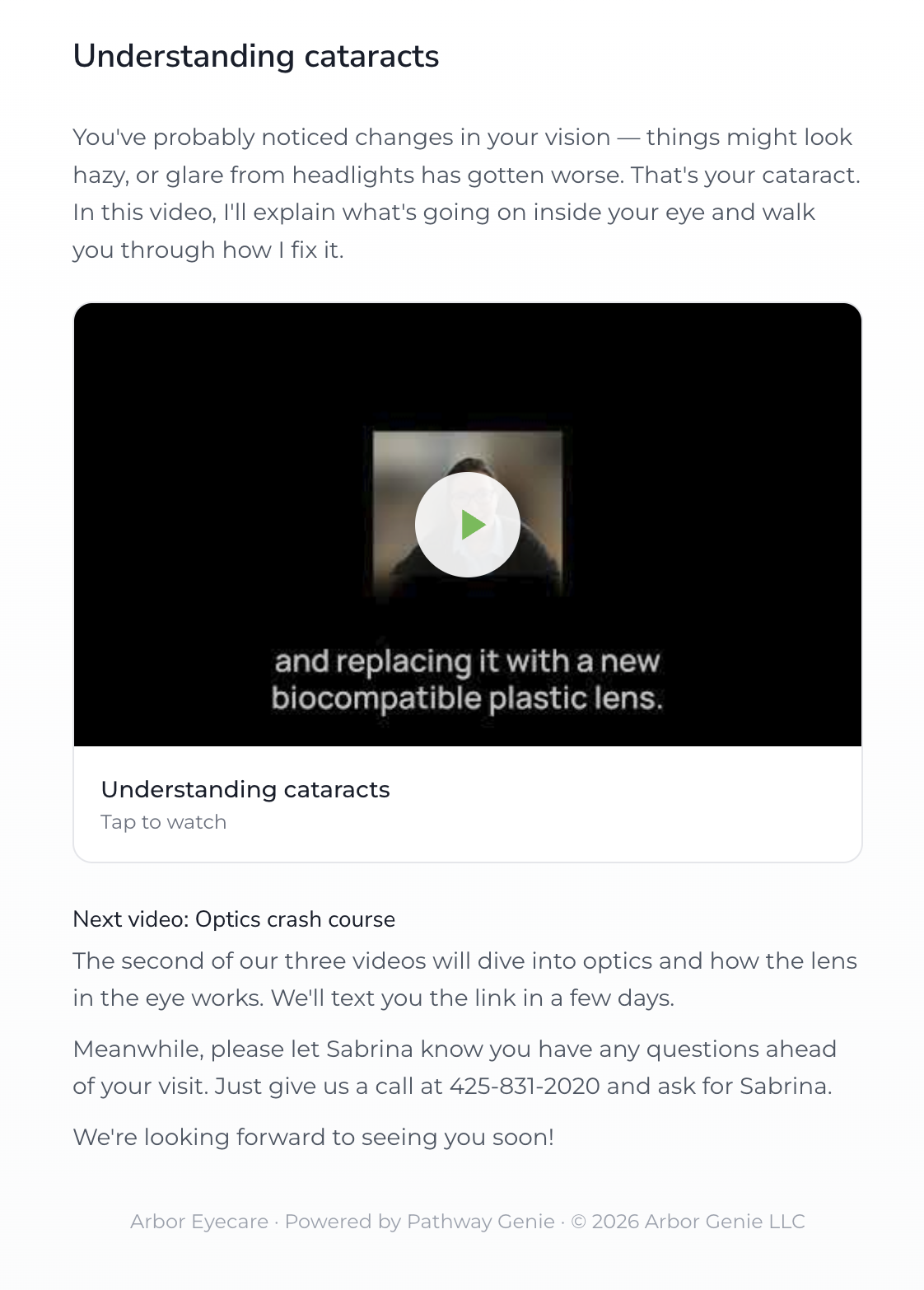 What the patient sees — video education page with doctor's introduction