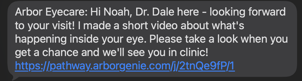 Sample text message from Pathway Genie — personalized patient touchpoint from Dr. Dale