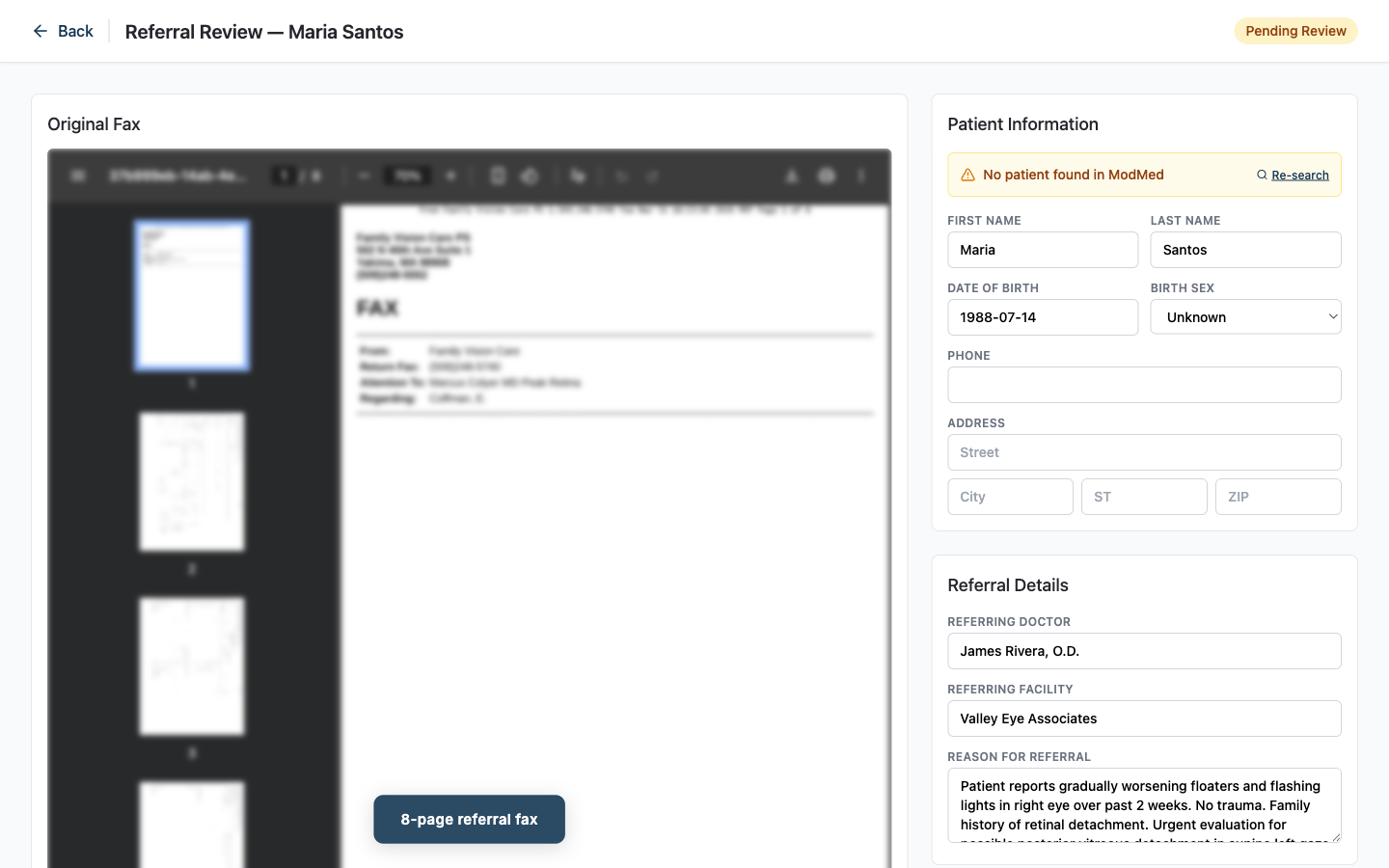 Fax Genie referral review — AI reads an 8-page fax, extracts patient info and referral details, prepares a scheduling task