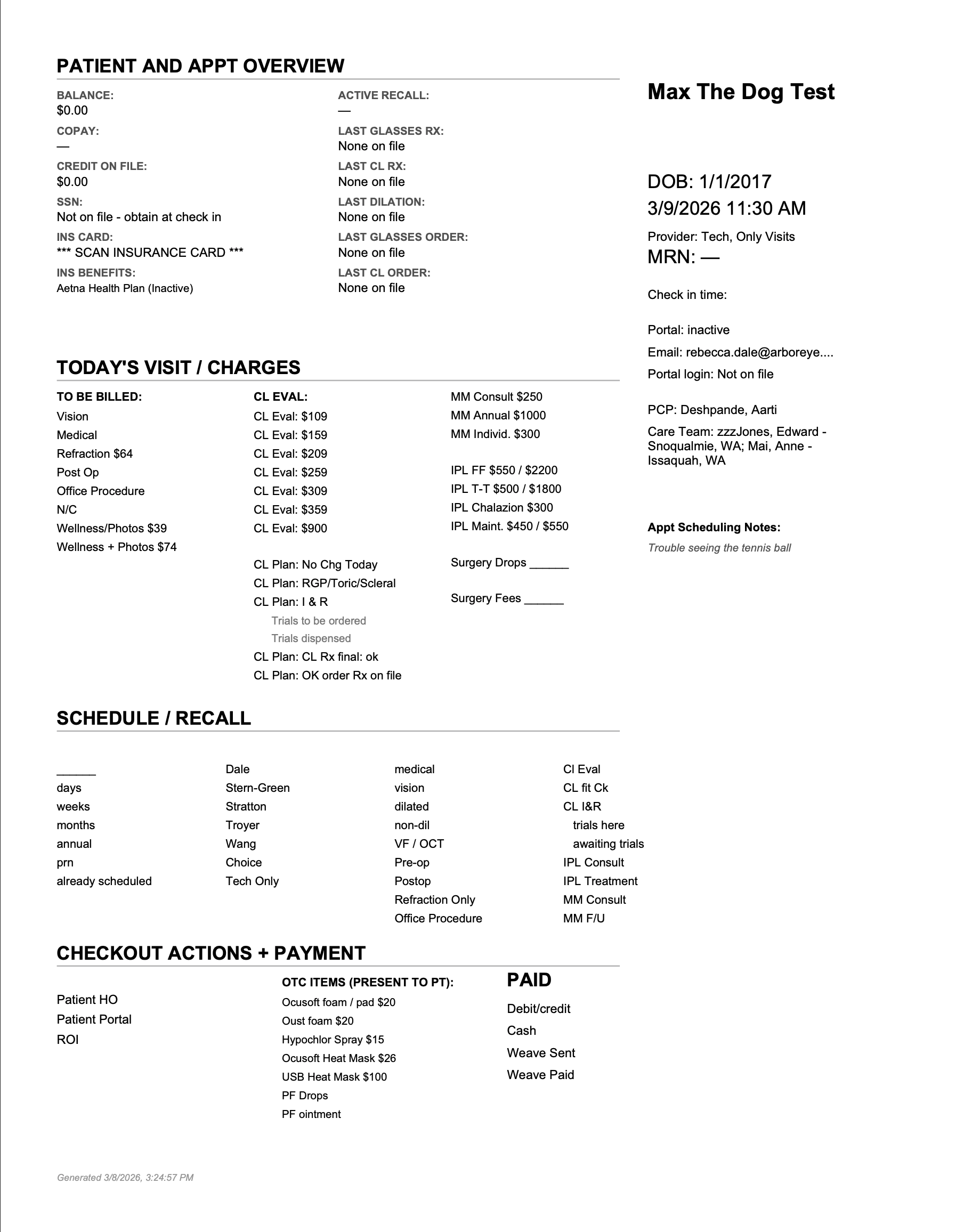 Printed yellow sheet with patient demographics, visit charges, scheduling, and checkout sections