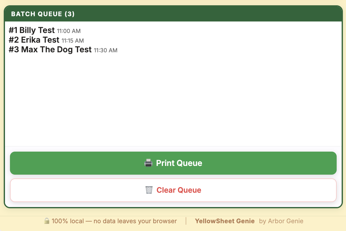 Batch queue showing patients ready to print with Print Queue and Clear Queue buttons